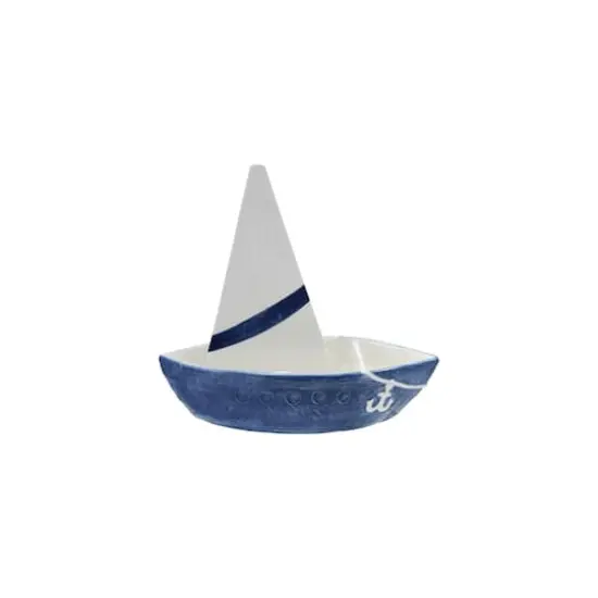 Hello Honey Stoneware Sailboat Shaped Chip and Dip with 2 Sections and Removable Sail, Blue and White {1}