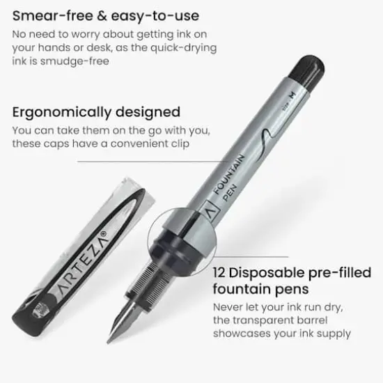Arteza&reg; Medium Black Disposable Fountain Pens, 12ct. {4}