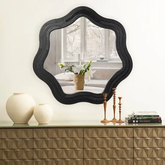 Glitzhome® 33.5" Modern Black Triple Wood Frame Wavy Wall Mirror {3}