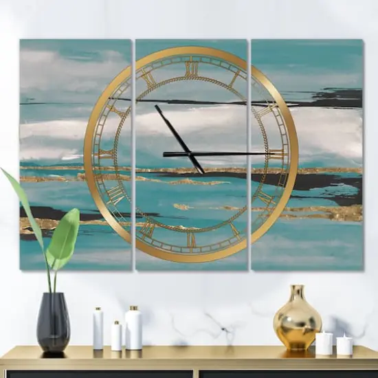Designart 'Glam Teal Watercolor I Modern Multipanel Wall Clock {3}