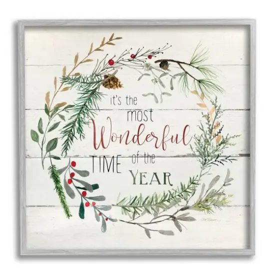 Stupell Industries Most Wonderful Time of Year Wreath Framed Giclee Art Gray {1}
