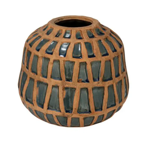 Hello Honey&reg; 7.75" Natural & Blue Debossed Terra Cotta Vase {1}