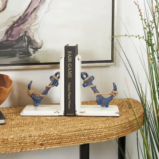 8" Blue Wood Anchor Distressed Bookends with Rope Accents & White Wood Stands Set {3}