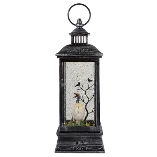 11" Black & Brushed Silver LED Skull Head Halloween Snow Globe Lantern {4}