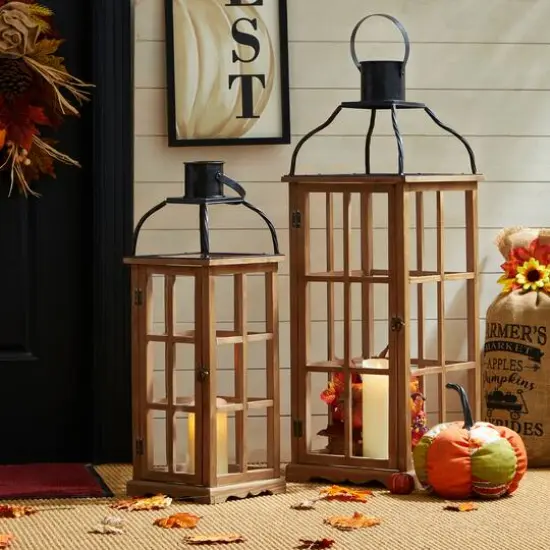 Glitzhome® Oversized Natural Farmhouse Wood & Metal Lanterns Set {8}