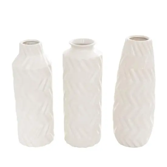 White Ceramic Dimensional Chevron Textured Vase with Varying Shapes Set {1}