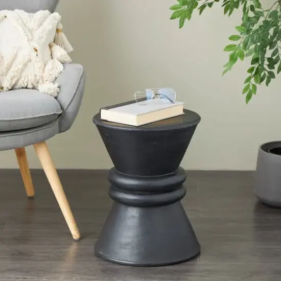 18" Black Wood Handmade Carved Hourglass Accent Table with 3D Ring Center {9}