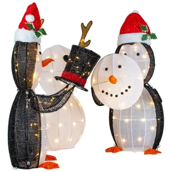 LED Penguins Building Snowman Outdoor Christmas D&eacute;cor Set {12}