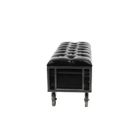 Industrial Rectangular Black Faux Leather and Wood Storage Bench, 19" x 47" x 16" {5}