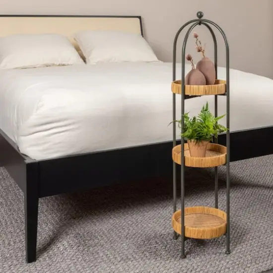 Hello Honey&reg; 3ft. Boho Arched Black Metal Plant Stand with Rattan Trays {3}