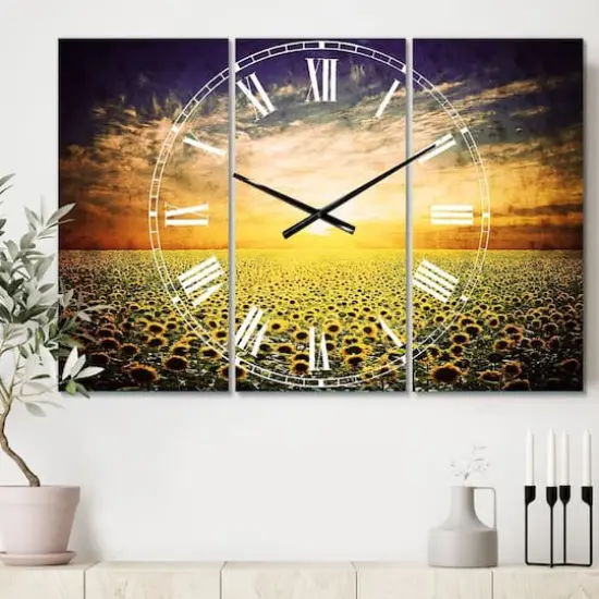 Designart Beauty Sunset Over Sunflowers Field Multipanel Wall Clock {3}