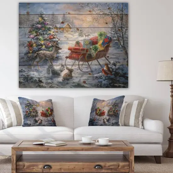 Designart Christmas Tree with Sleigh Print on Natural Pine Wood {5}