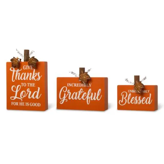 GlitzHome&reg; Fall Wooden Pumpkin Tabletop Sign Set {9}