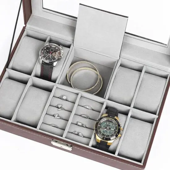 NEX&trade; 12" 8-Slot Brown Lockable Artificial Leather Watch Case Organizer {6}