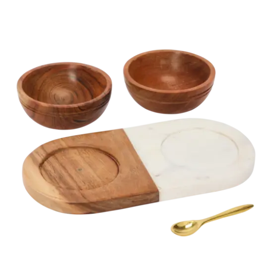 Hello Honey&reg; Acacia Wood & Marble Tray with Acacia Wood Bowl Set {4}