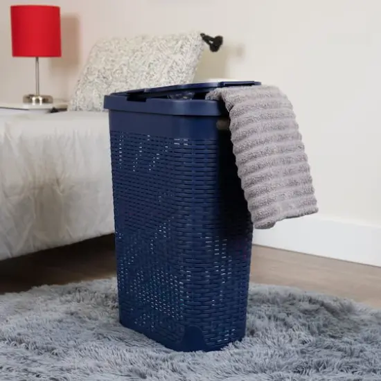 Mind Reader 40L Ventilated Slim Laundry Hamper with Cut Out Handles & Attached Hinged Lid, 2ct. Navy {3}