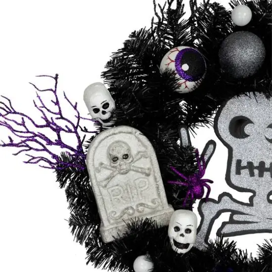 24'' Unlit Purple and Black Spooky Skeleton Pine Halloween Wreath {4}