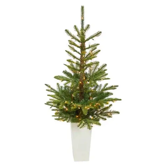 4.5ft. Pre-Lit Layered Washington Spruce Artificial Christmas Tree In White Planter, Clear LED Lights {1}