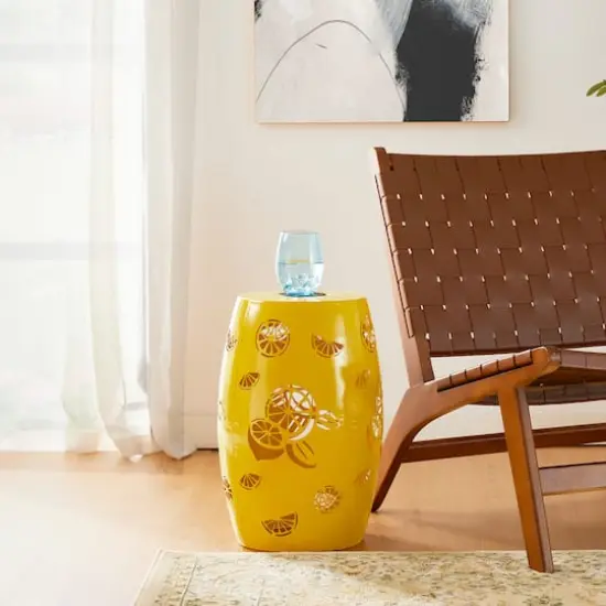 Glitzhome&reg; 18.5" Yellow Iron Cutout Lemon Pattern Solar LED Garden Stool {6}