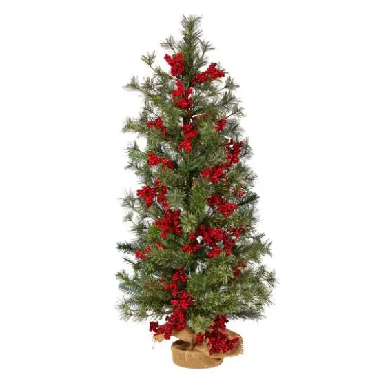 3ft. Pre-Lit Pine Artificial Christmas Tree with Berries and Burlap Base, Warm White Lights {4}