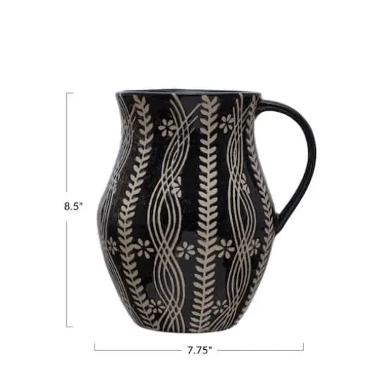 Hello Honey&reg; 8.5" Black & Natural Stoneware Pitcher with Wax Relief Botanicals {1}