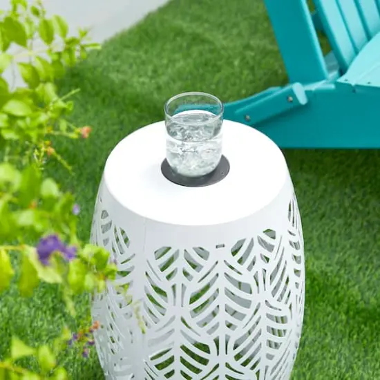Glitzhome&reg; 18.25" Multifunctional Solar Powdered Iron Leaf Cutout Garden Stool White {7}