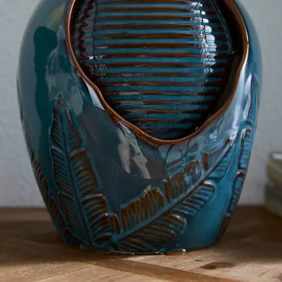 Glitzhome&reg; 9.25" LED Turquoise Leaf Textured Ceramic Jar Tabletop Fountain {7}