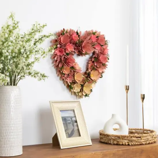 15" Pink & Yellow Mixed Floral Artificial Valentine's Day Heart Wreath {3}