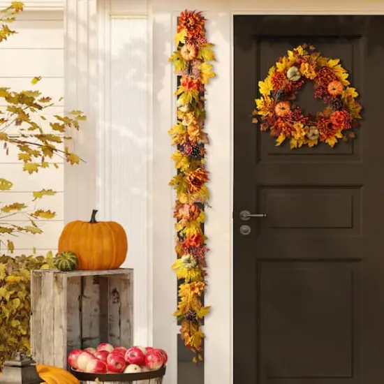Glitzhome&reg; 72" Fall Dahlia Pumpkin, Leaf and Berry Garland {5}