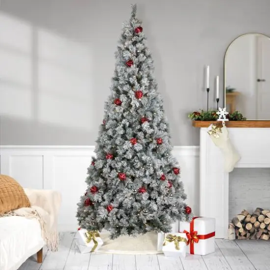 7.5ft. Pre-Lit Snowy Bristle Pine Artificial Christmas Tree with Ornaments, Warm White LED Lights {3}