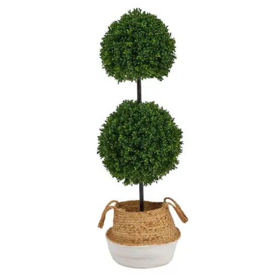 3.5ft. Boxwood Double Ball Artificial Topiary Tree in Boho Chic Handmade Cotton & Jute White Woven Planter UV Resistant (Indoor/Outdoor) {1}