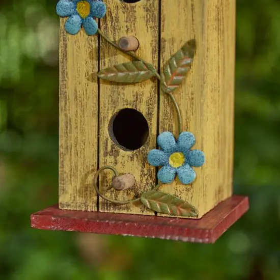 Glitzhome&reg; 11.75" Yellow Washed 3D Metal Flowers Distressed Wood Cottage Birdhouse  {8}