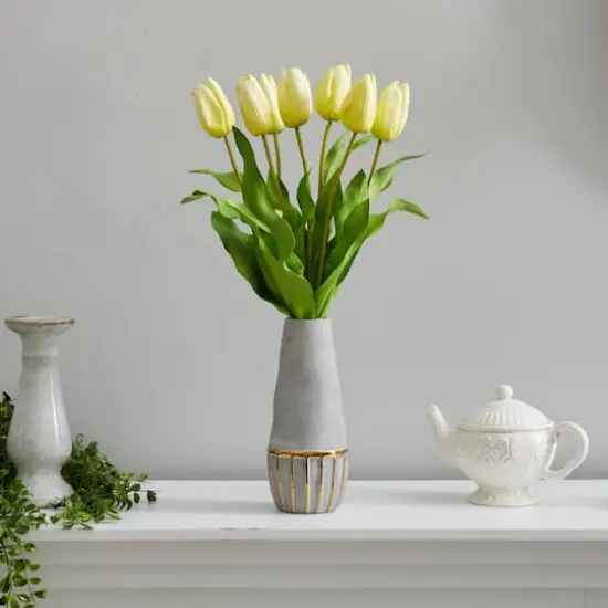 22" Yellow Dutch Tulip Arrangement in Gold Trim Stoneware Vase {4}