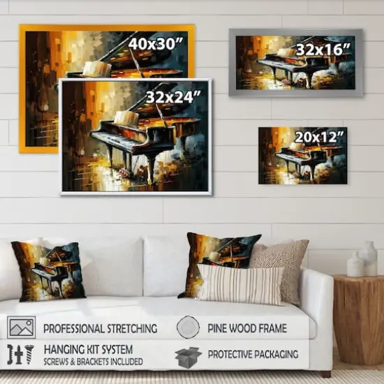 Designart 'Piano On Stage' Music Framed Canvas Wall Art Thick Black {5}