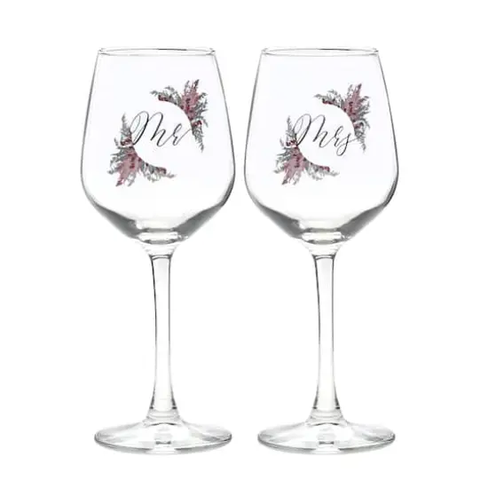 12oz. Mr. & Mrs. Dried Floral Wine Glass Set {1}