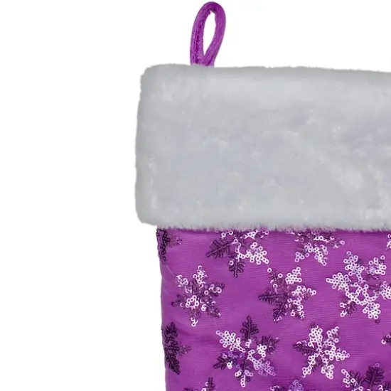20.5" Sequin Snowflake Stocking with White Faux Fur Cuff, Purple {5}