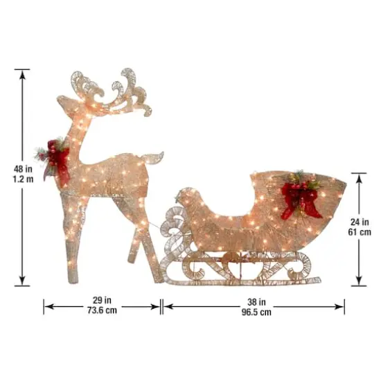 48" Champagne Reindeer Pulling Sleigh, White LED Lights {5}