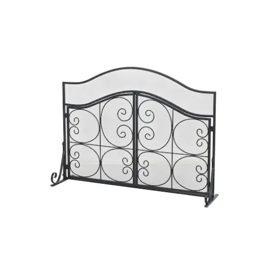 41" Black Metal Scroll Arched 1-Panel 2-Door Fireplace Screen with Mesh Backing {1}
