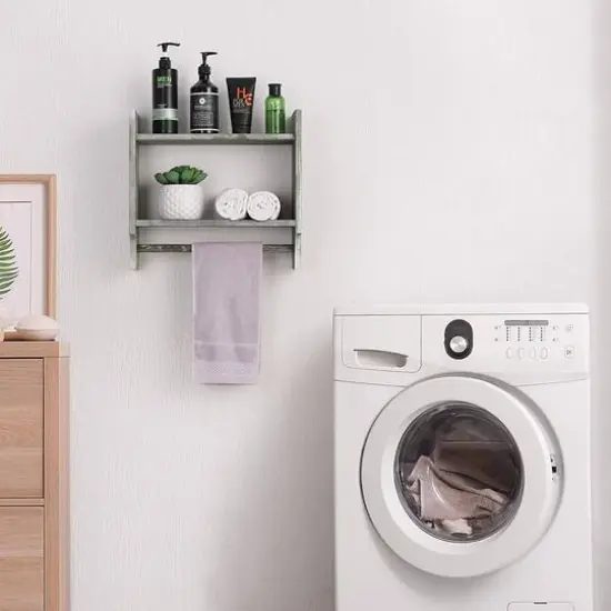 2-Tier Wood Wall Mounted Bathroom Shelf with Towel Rack Olive Green {8}