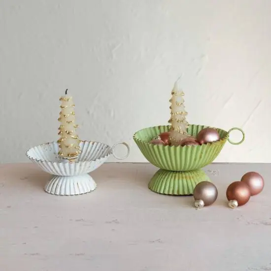 Hello Honey&reg; 7" Distressed Green Large Scalloped Painted Metal Taper Candleholder with Handle {3}