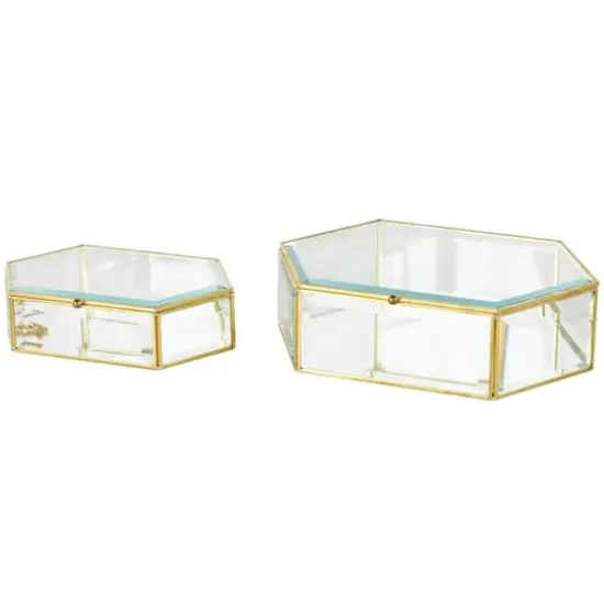 Clear & Gold Beveled Glass & Metal Wide Hexagon Jewelry Box with Chain Accent Set {1}