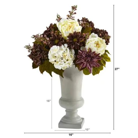 27" Peony, Hydrangea & Dahlia Arrangement in Sand Colored Urn {3}