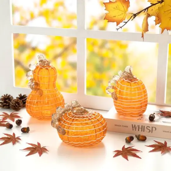 Glitzhome&reg; Orange and White Lines Glass Pumpkin & Gourd Set {3}
