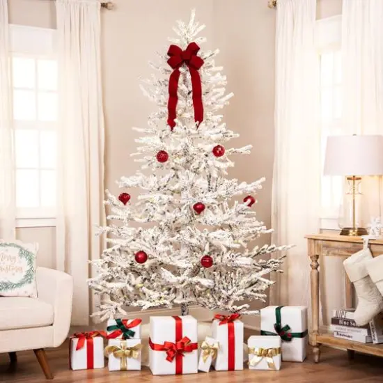 7.5ft. Pre-Lit Medium IPT Artificial Flocked Garden Christmas Tree, Warm White LED Lights {3}