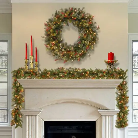 30" Wintry Pine&reg; Wreath with Pine Cones, Red Berries, Snowflakes & Clear Lights {3}