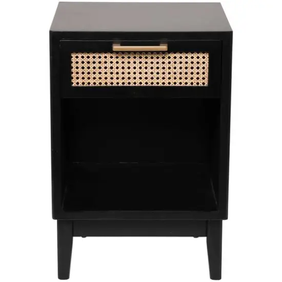 Wood Accent Table with Cane Front Drawer & Gold Handle Black {5}