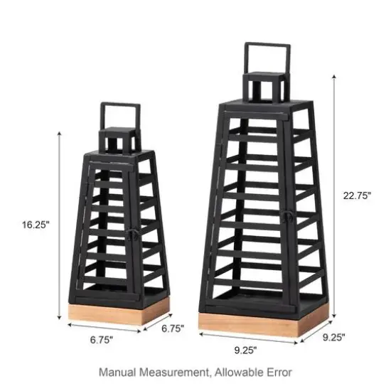 Glitzhome&reg; Black Modern Trapezoid Metal & Wood Lanterns Set {4}
