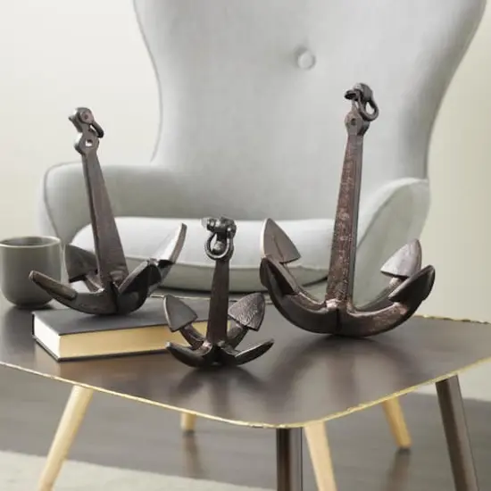 Weathered Copper Aluminum Anchor Sculpture with Hanging Hooks Set {3}
