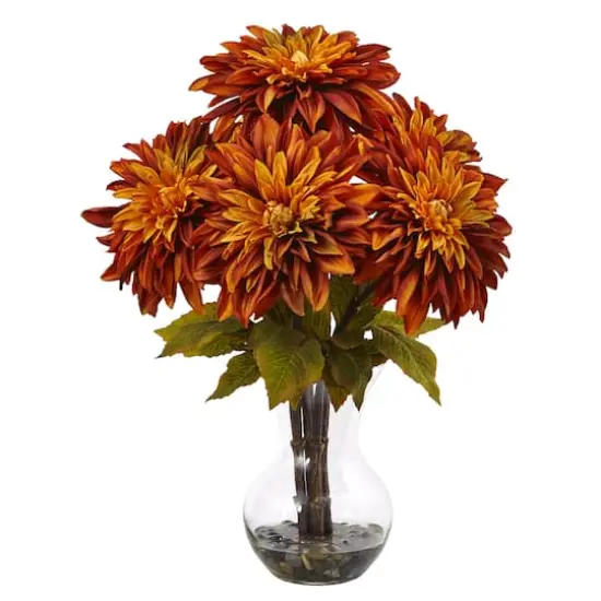 17" Orange Dahlia Silk Arrangement with Glass Vase {1}