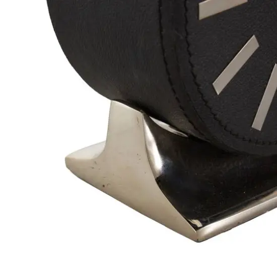 Faux Leather Round Decorative Clock with Rectangular Base Black/Silver {6}